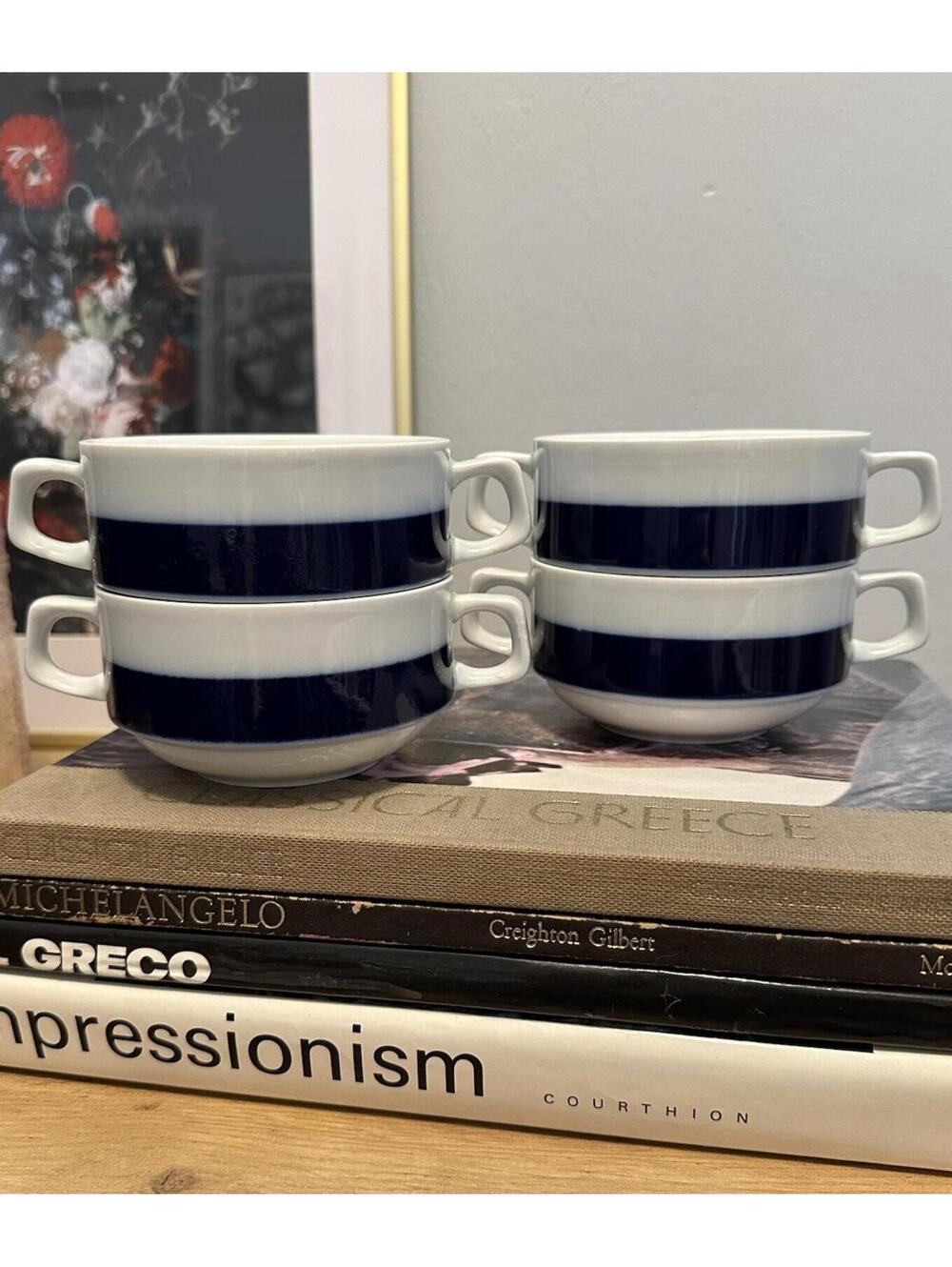 Vintage Kronester Bavaria Stacking Soup Bowls Blue Stripe Design MCM Aesthetic